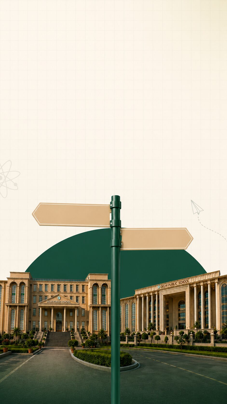 The DPS Dwarka Expressway campus, with a signpost pointing to the 102 wing and the 103 wing